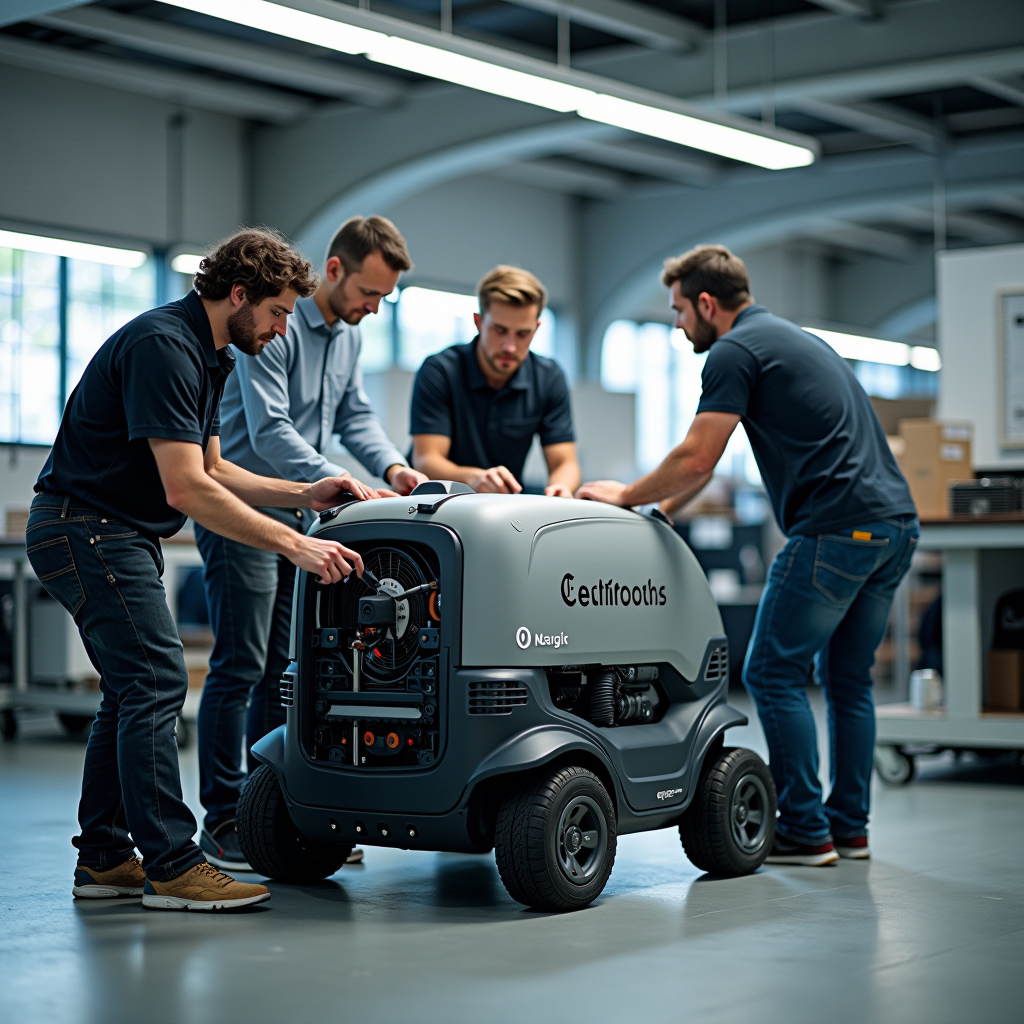 Engineering team working on outdoor vacuum cleaner prototype, technical development process, sustainable materials research and testing