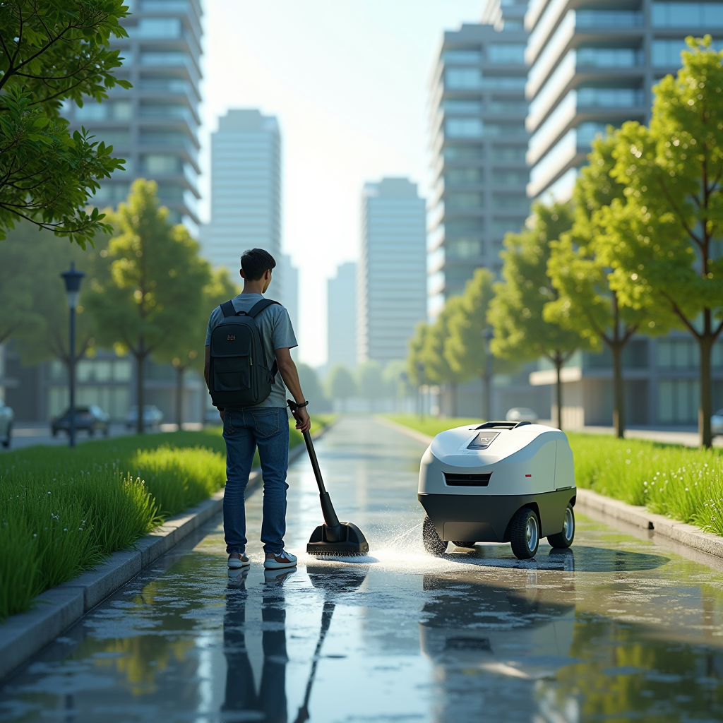 Vision of clean cities worldwide using eco-friendly outdoor vacuum cleaners, sustainable urban future, global impact of innovative cleaning technology
