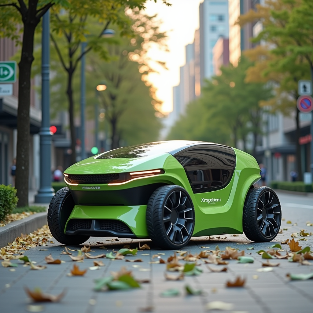 Innovative eco-friendly outdoor vacuum cleaner prototype in action on a city street, modern sustainable design with green technology, cleaning leaves and debris efficiently