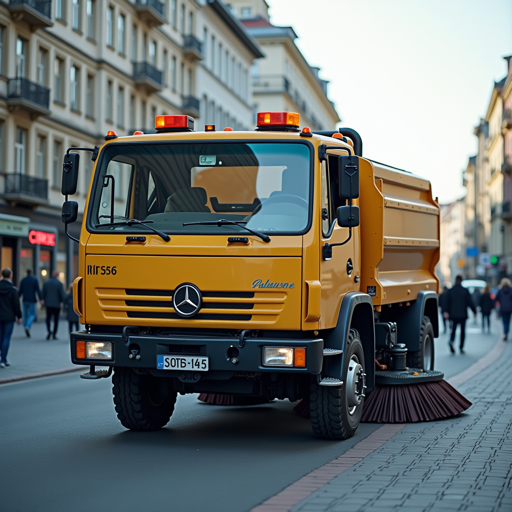 Traditional gas-powered street sweeper truck in action on urban street, showing older municipal cleaning equipment with visible exhaust emissions and manual operation