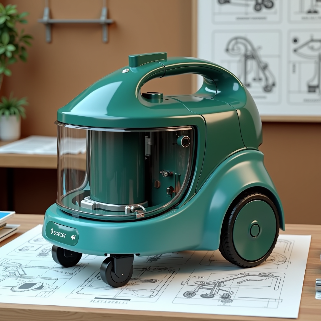 Early prototype design mockup of the eco-friendly outdoor vacuum cleaner showing the wheeled base, wide intake nozzle, transparent collection bin, and modular battery system. The design features recycled materials in forest green and ocean blue colors with ergonomic handles and quick-release mechanisms. Technical drawings and material samples are visible in the background on a workshop table.