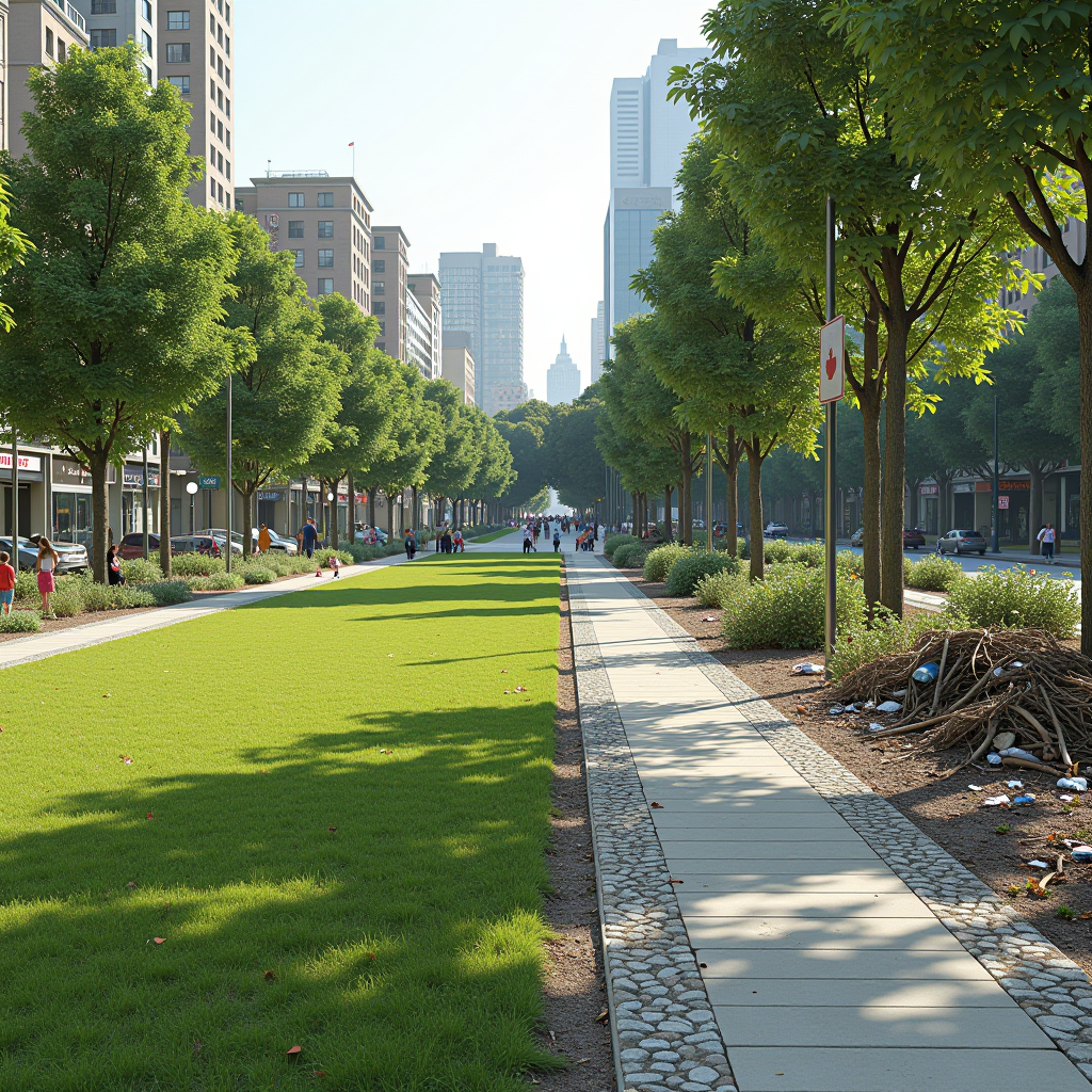 Side-by-side comparison showing the same urban public space - left side shows a clean, well-maintained park with green grass, tidy pathways, families enjoying the space, and clear walkways; right side shows the same location littered with trash, debris, overgrown vegetation, and neglected appearance, dramatically illustrating the contrast between maintained and neglected public spaces