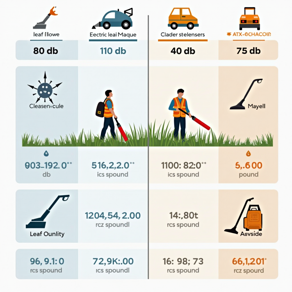 Detailed comparison chart showing noise levels of gas-powered equipment (90-110 dB) versus electric equipment (60-75 dB), with visual indicators of health impact zones and WHO recommended exposure limits. Chart includes icons of leaf blowers, street sweepers, and vacuum cleaners with corresponding decibel readings.