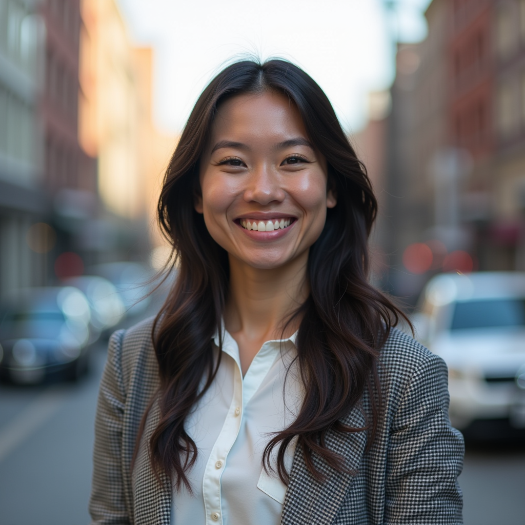 Stephanie, passionate environmental innovator and founder of Taylor's Tech outdoor vacuum cleaner project, smiling confidently with clean city background