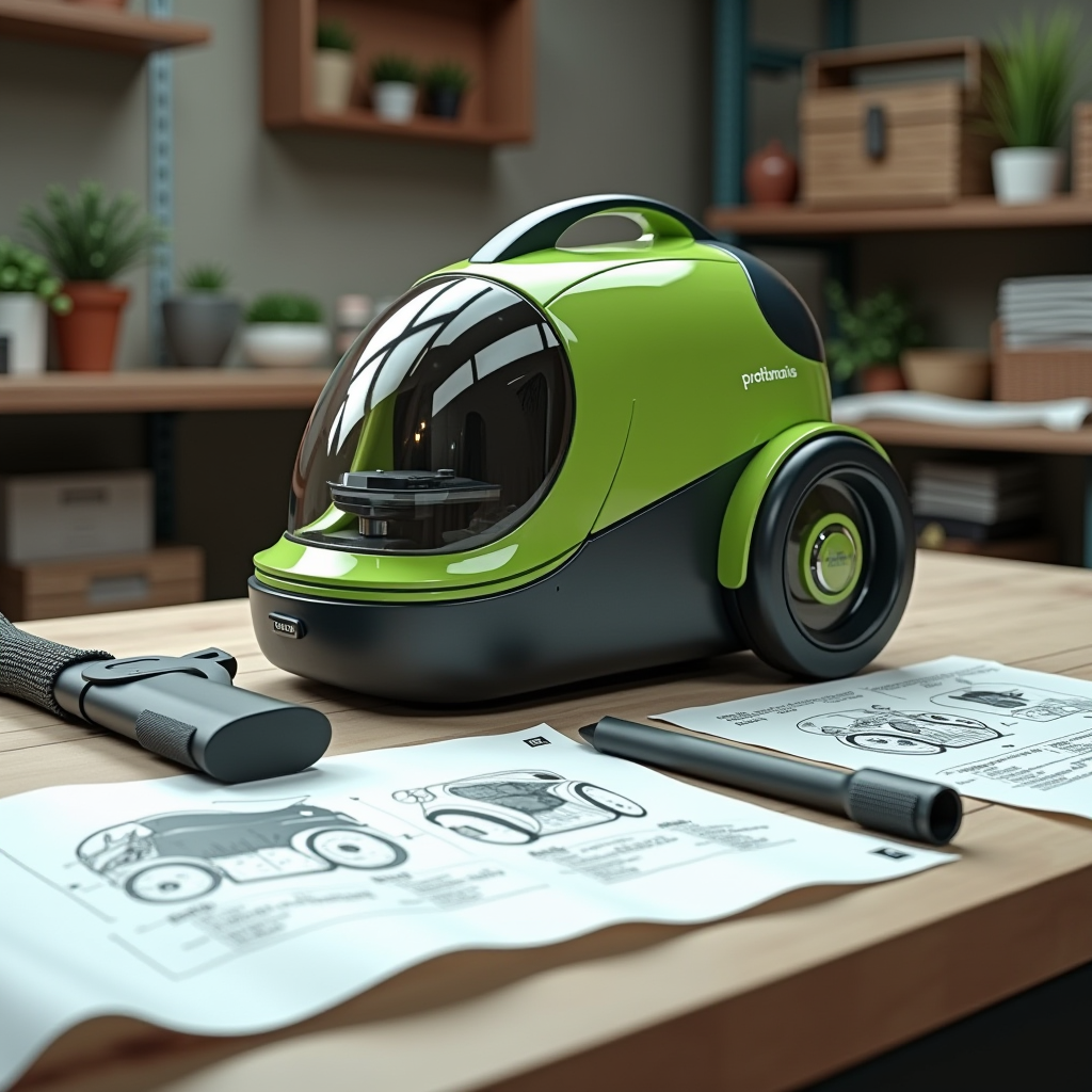 Early prototype design mockup of eco-friendly outdoor vacuum cleaner showing engineering sketches, material samples, and 3D rendered concept model on workbench with technical drawings