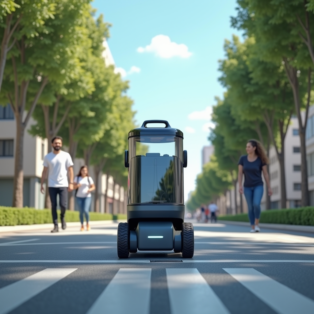 Artistic rendering of the outdoor vacuum cleaner in action on a clean city street, with happy pedestrians walking by, trees lining the sidewalk, blue sky overhead, showing the vision of cleaner urban spaces enabled by innovative technology