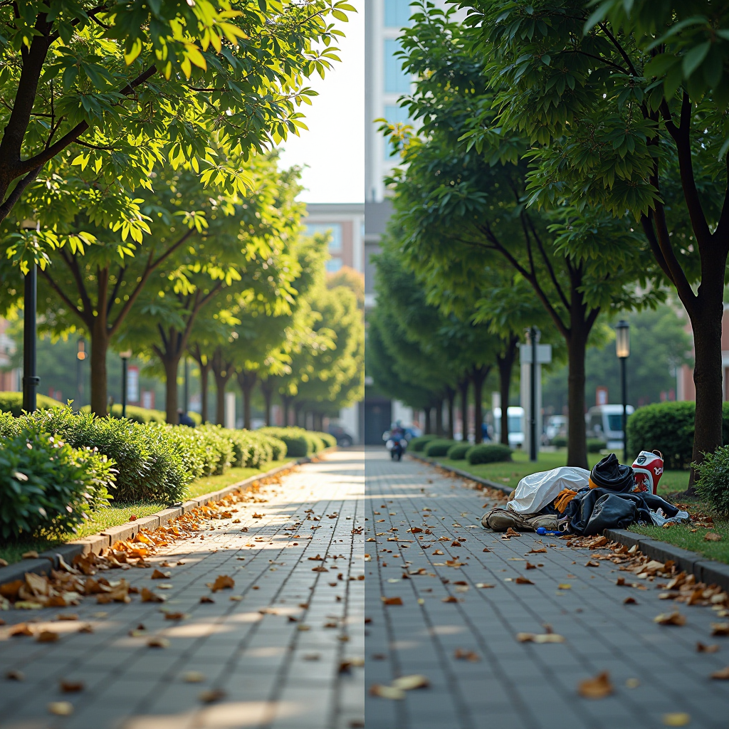 Split comparison image showing clean well-maintained public park on left side versus littered neglected urban space on right side, demonstrating stark contrast in community environment quality