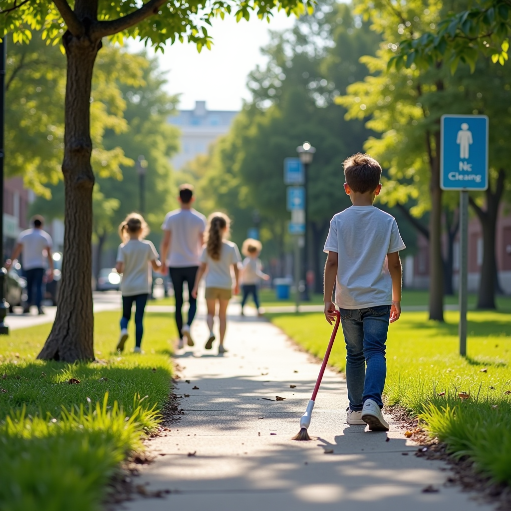 Urban neighborhood scene showing children playing in a clean, well-maintained park with families walking on tidy sidewalks, contrasted with visible health and safety signage, illustrating the connection between clean public spaces and community wellness
