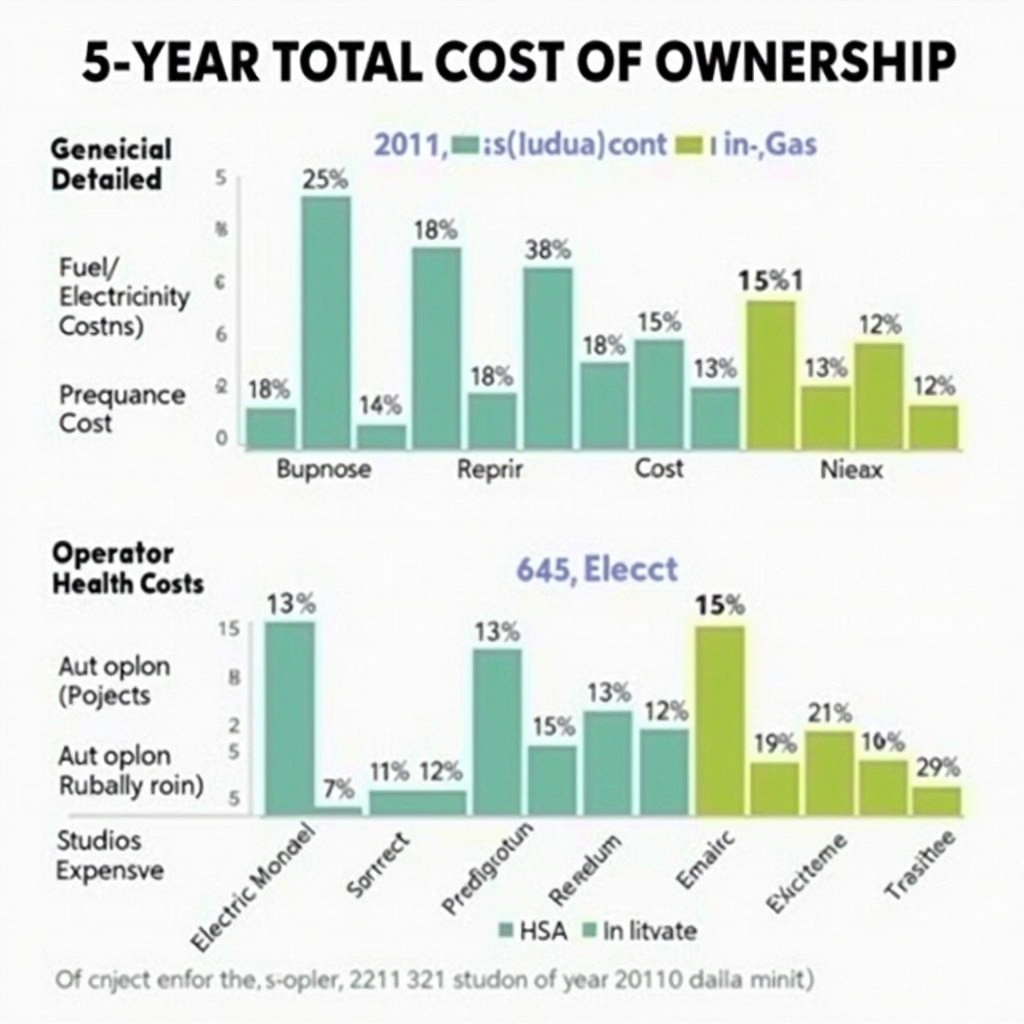 Detailed financial comparison chart showing 5-year total cost of ownership for gas versus electric outdoor cleaning equipment. Chart breaks down initial purchase price, fuel/electricity costs, maintenance expenses, repair costs, and operator health costs. Bar graphs and pie charts demonstrate that despite higher upfront costs, electric equipment costs 30-45% less over 5 years. Includes real dollar amounts and percentage breakdowns for each cost category.