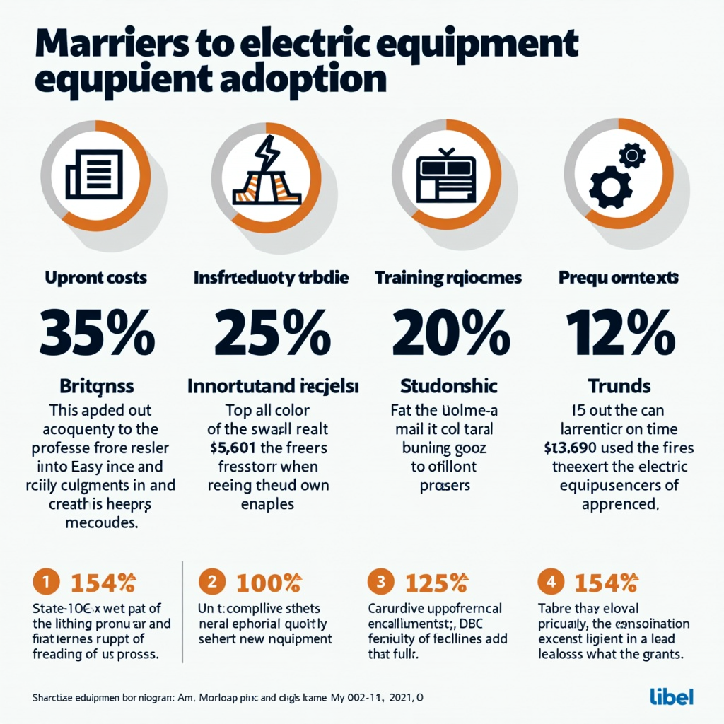 Visual infographic showing the main barriers to electric equipment adoption with percentage breakdowns: Upfront costs (35%), Infrastructure concerns (25%), Performance skepticism (20%), Training requirements (12%), and Procurement processes (8%). Each barrier includes icon representation and brief description of mitigation strategies.
