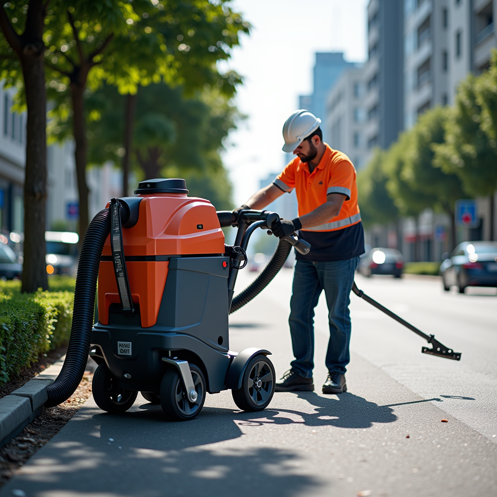City maintenance worker efficiently operating modern outdoor vacuum cleaner, reduced physical labor, improved productivity in urban cleaning operations